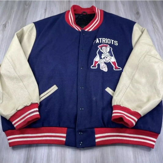 Letterman Patriots Navy Blue Varsity Jacket With Genuine Leather Sleeves