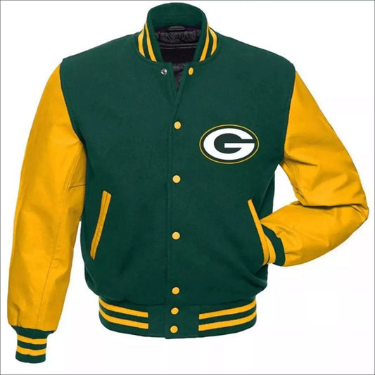 Green Bay Packers Varsity Jacket Wool & Genuine Leather Sleeves