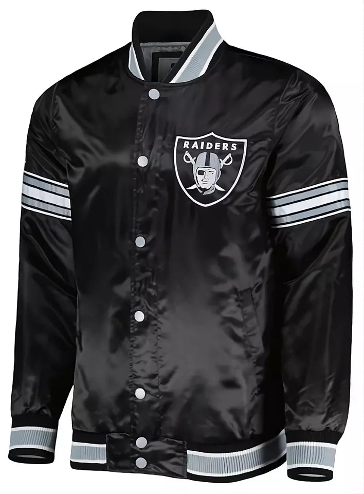 NFL Las Vegas Raiders Black Satin Varsity Jacket full-snap Embroidery logos