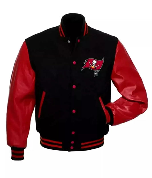 NFL - Tampa Bay Buccaneers Varsity Jacket Black Wool & Red Genuine Leather Sleeves