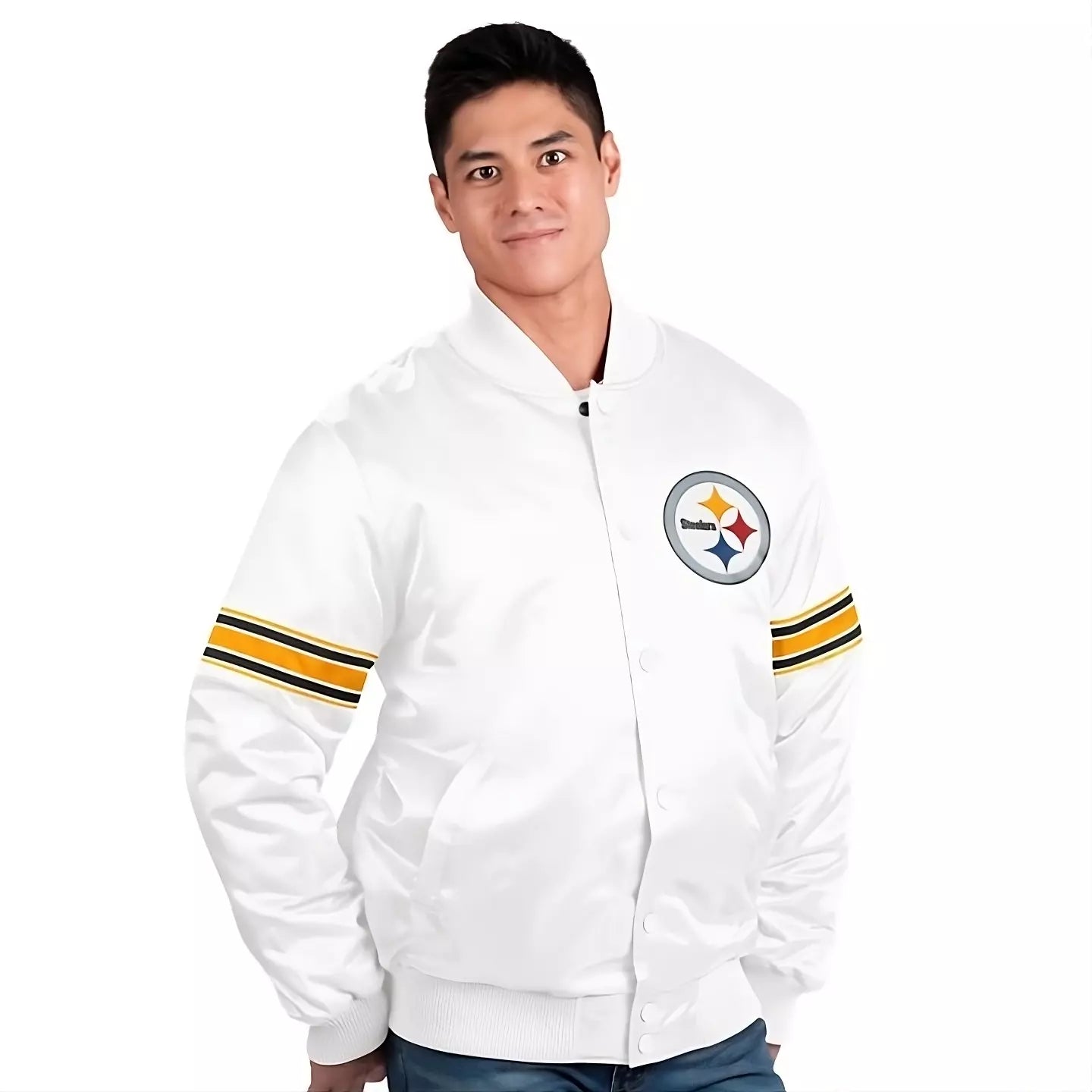 NFL Pittsburgh Steelers White Satin Letterman Varsity Jacket
