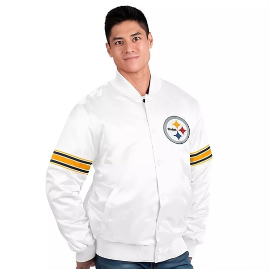 NFL Pittsburgh Steelers White Satin Letterman Varsity Jacket