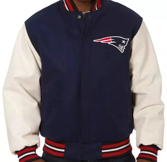 Letterman New England Patriots Navy Blue Varsity Jacket Wth Real Leather Sleeves