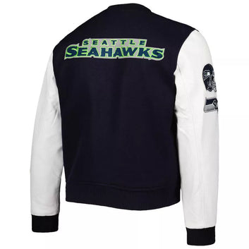 NFL - Letterman Seattle Seahawks Navy & White Varsity Jacket with Genuine Leather Sleeves