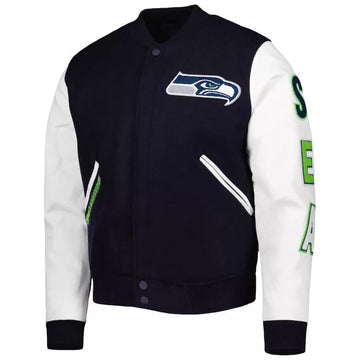 NFL - Letterman Seattle Seahawks Navy & White Varsity Jacket with Genuine Leather Sleeves