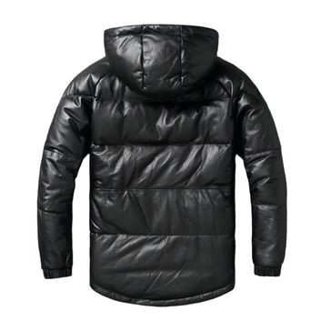 Women Black Hooded Puffer Jacket Genuine Lambskin Leather Quilted Puffer Coat