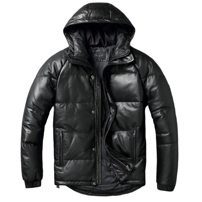 Women Black Hooded Puffer Jacket Genuine Lambskin Leather Quilted Puffer Coat