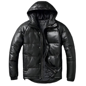 Women Black Hooded Puffer Jacket Genuine Lambskin Leather Quilted Puffer Coat