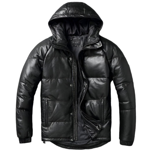 Women Black Hooded Puffer Jacket Genuine Lambskin Leather Quilted Puffer Coat