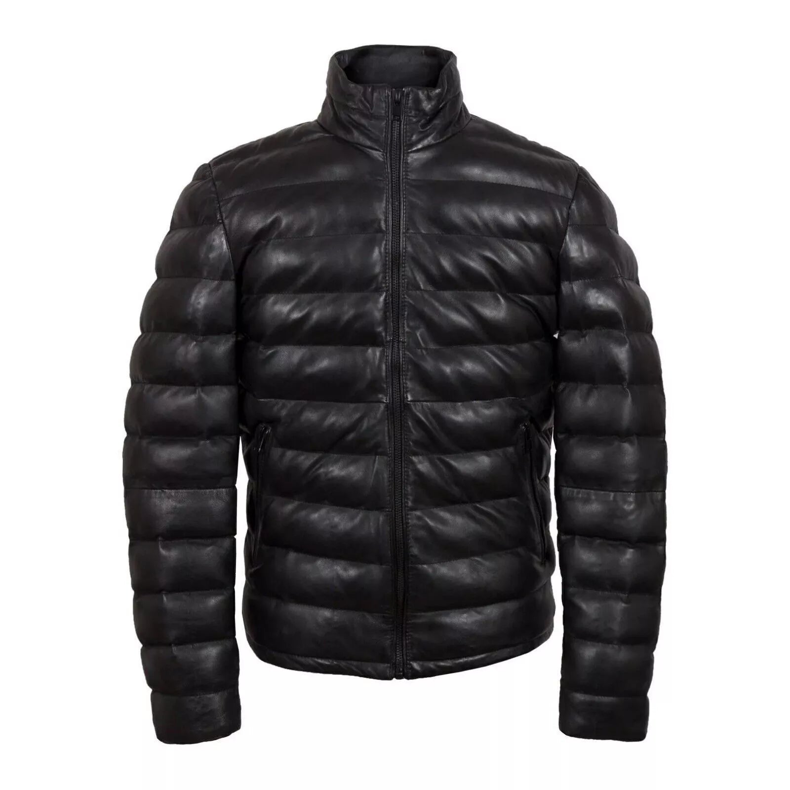 Women Genuine Black Leather Puffer Jacket Winter Quilted Pure Lambskin Coat