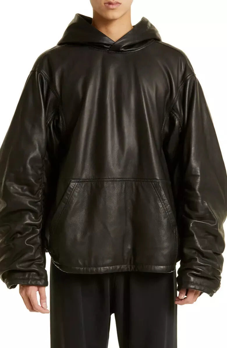 Men Black Oversized Casual Hoodie Leather Jacket Kangaroo Pocket Soft Coat.