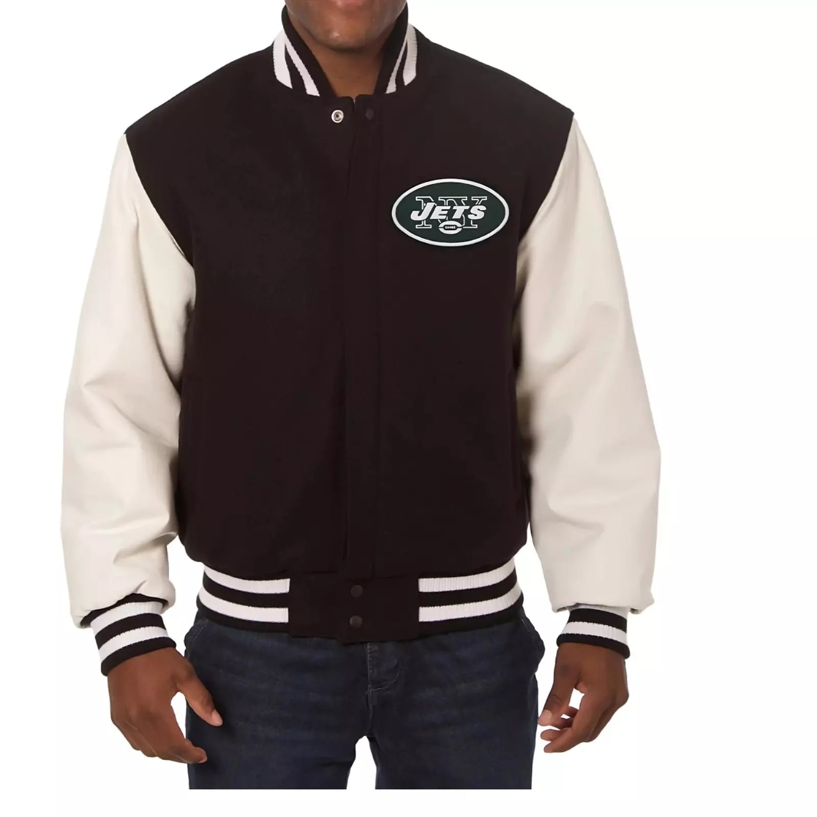 NFL New York NY JETS Letterman Varsity Jacket Black Wool w/ Real Leather Sleeves