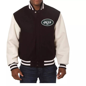 NFL New York NY JETS Letterman Varsity Jacket Black Wool w/ Real Leather Sleeves
