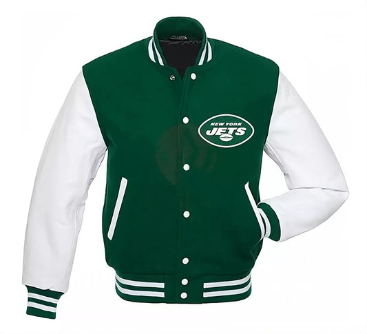 NFL New York NY JETS Letterman Varsity Jacket Wool with Genuine Leather Sleeves