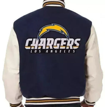 Letterman Los Angeles Chargers Navy and White Varsity Jacket with leather sleeve