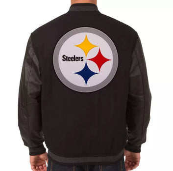 NFL Letterman Pittsburgh Steelers Varsity Jacket Black with Real Leather Sleeves