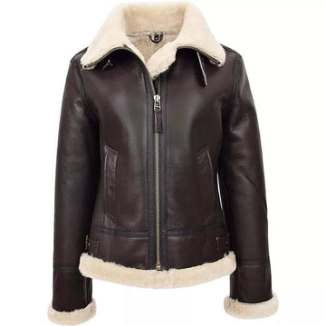 Women Real Sheepskin Flying Jacket Brown Hooded Shearling B3 Pilot Aviator Coat