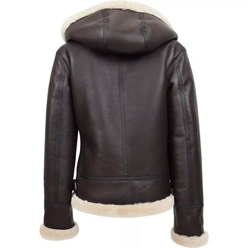 Women Real Sheepskin Flying Jacket Brown Hooded Shearling B3 Pilot Aviator Coat