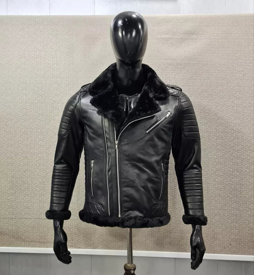Women REAL BLACK LAMBSKIN BIKER STYLE LEATHER SHEARLING JACKET