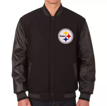 NFL Letterman Pittsburgh Steelers Varsity Jacket Black with Real Leather Sleeves