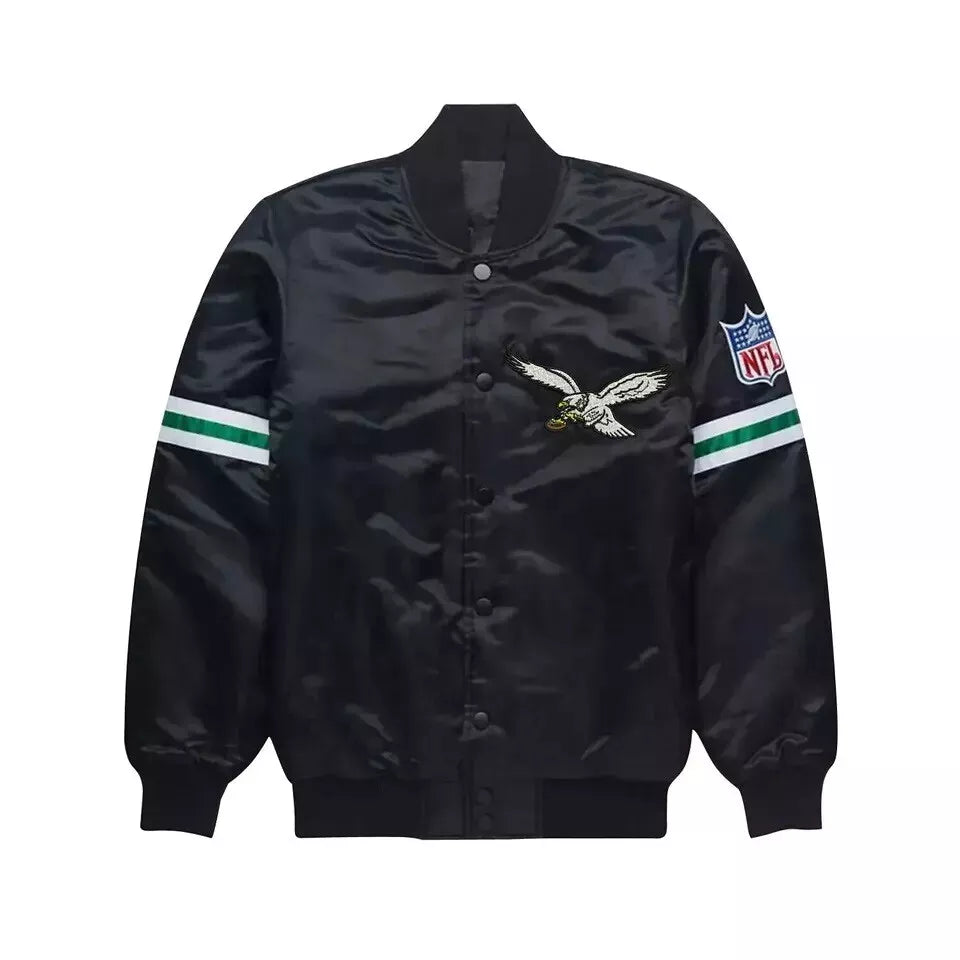 NFL Philadelphia Eagles Black Full Snap Satin Varsity Jacket Embroidery logos