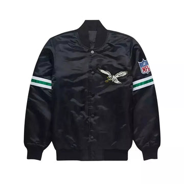 NFL Philadelphia Eagles Black Full Snap Satin Varsity Jacket Embroidery logos