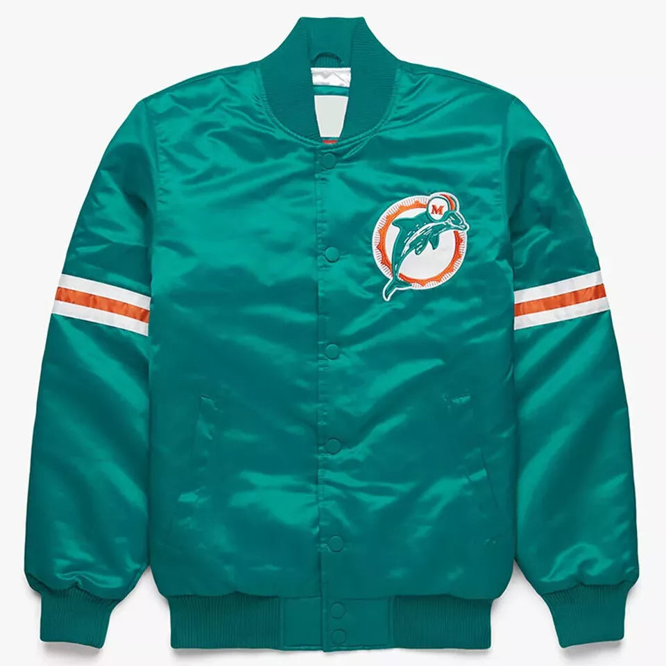 NFL Miami Dolphins Turquoise Satin Letterman Varsity Jacket