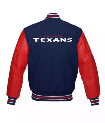 Houston Texans NFL Red & Blue Letterman Jacket Wool & Geniune Leather Sleeves