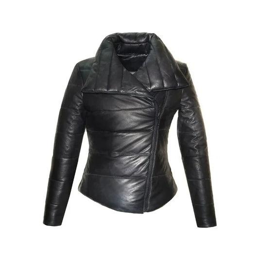 Women Black Leather Puffer Quilted Jacket With Side Zipper & Pocket  Zip Up Leather jacket