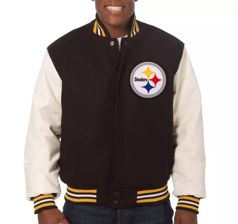 Letterman Pittsburgh Steelers Varsity Jacket Wool with Real Leather Sleeves -NFL