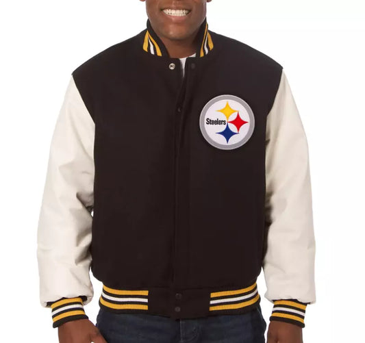 Letterman Pittsburgh Steelers Varsity Jacket Wool with Real Leather Sleeves -NFL