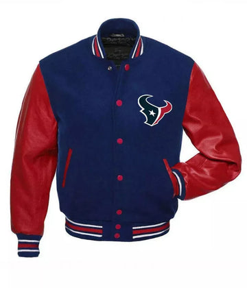 Houston Texans NFL Red & Blue Letterman Jacket Wool & Geniune Leather Sleeves