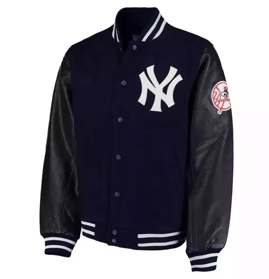 New York Yankees Letterman Varsity Jacket Navy Wool with Black Leather Sleeves