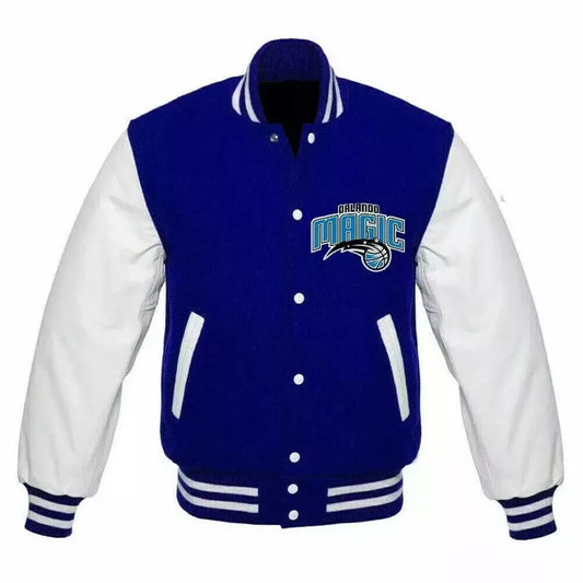 Orlando Magic Blue and White Varsity Jacket with Leather sleeves