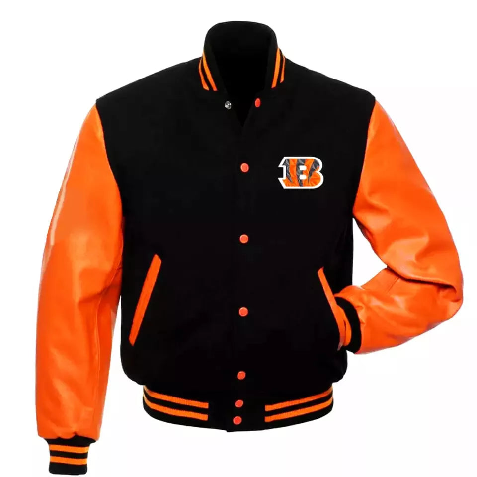 Men Cincinnati Bengals Varsity Jacket Wool & Genuine Leather Sleeves - NFL