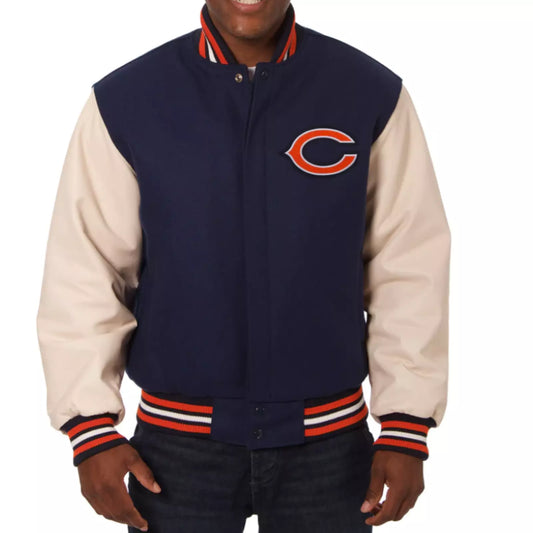 NFL Chicago Bears Letterman Varsity Jacket Wool with Genuine Leather Sleeves