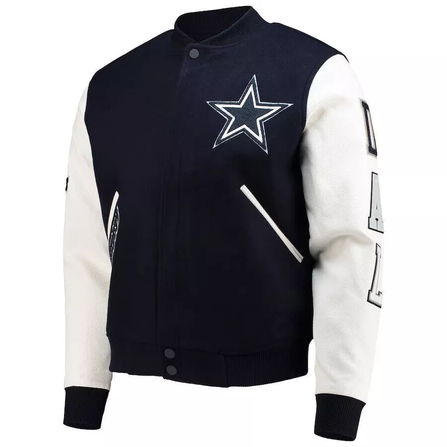 Dallas Cowboys Black & White Letterman Varsity Jacket w/ Real Leather Sleeves
