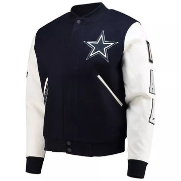 Dallas Cowboys Black & White Letterman Varsity Jacket w/ Real Leather Sleeves