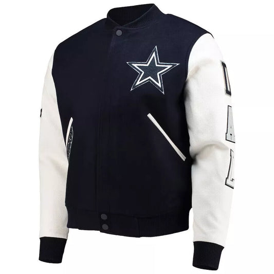 Dallas Cowboys Black & White Letterman Varsity Jacket w/ Real Leather Sleeves