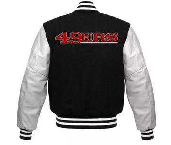 San Francisco 49ers Black & White Letterman Varsity Jacket with Leather Sleeves