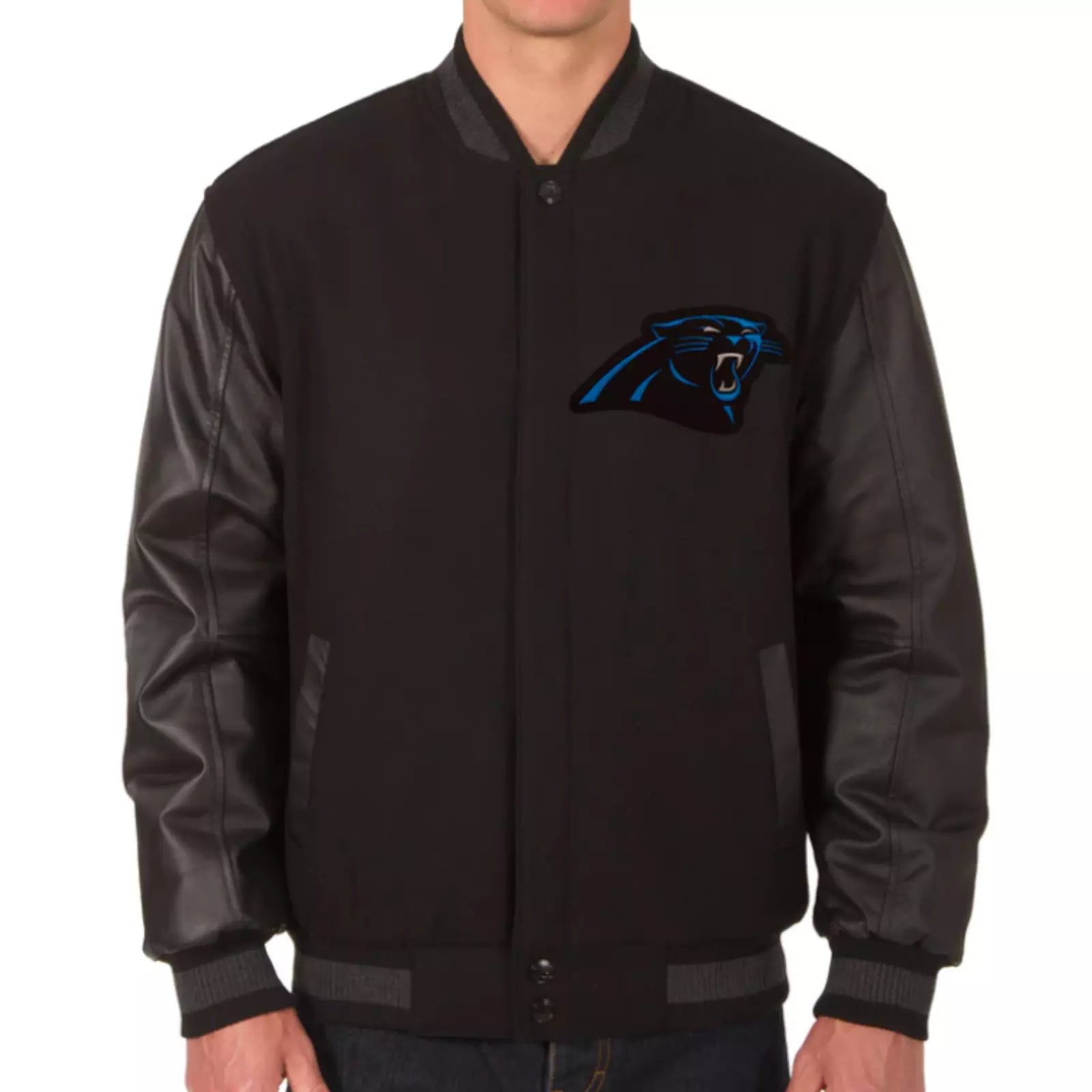 NFL Carolina Panthers Letterman Varsity Jacket with Real Leather Sleeves Black