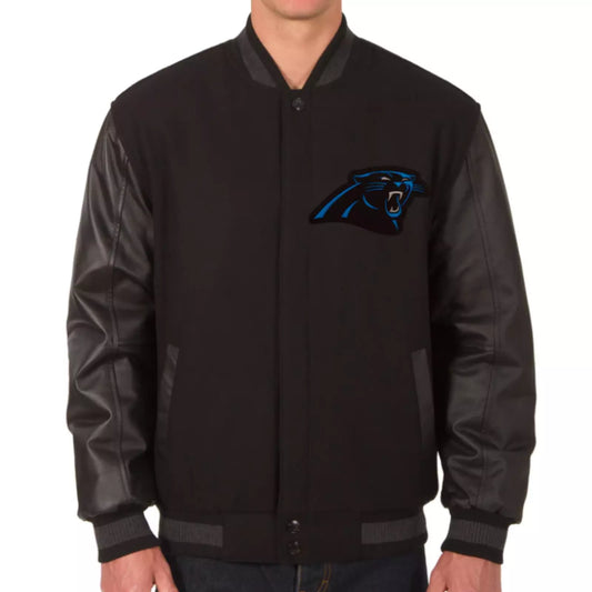 NFL Carolina Panthers Letterman Varsity Jacket with Real Leather Sleeves Black