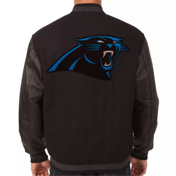 NFL Carolina Panthers Letterman Varsity Jacket with Real Leather Sleeves Black