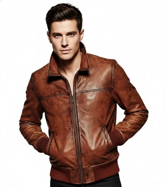 Men Biker Motorcycle Vintage Distressed Brown Bomber Winter Leather Jacket