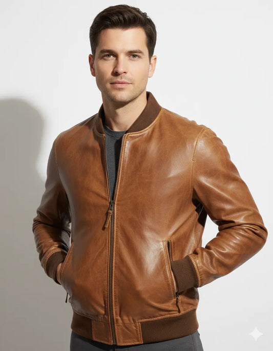 Men Biker Motorcycle Vintage Distressed Brown Bomber Leather Jacket