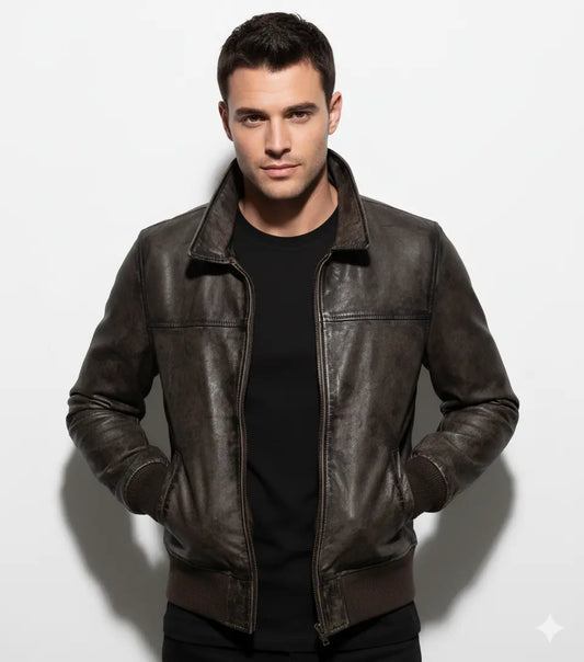 Mens Biker Motorcycle Vintage Distressed Black Bomber Winter Leather Jacket