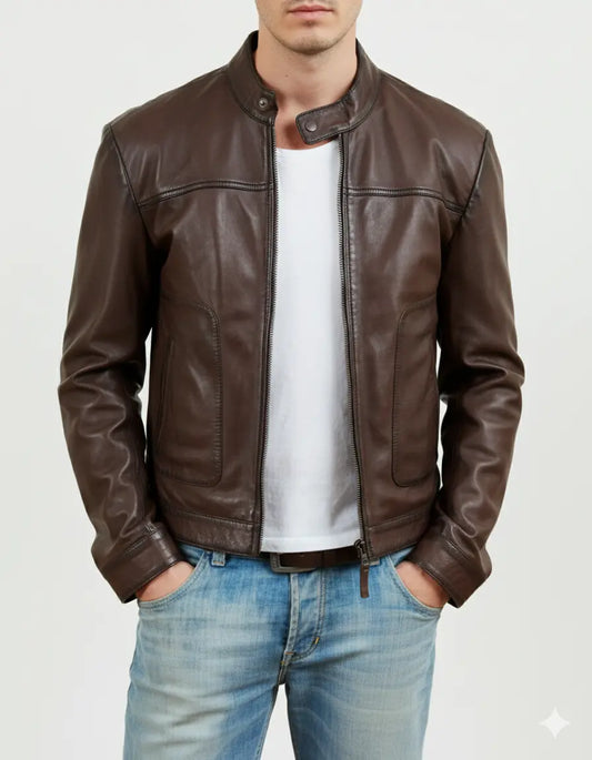 Men's Biker Motorcycle Brown Real Leather Jacket