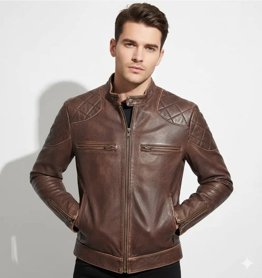 Men's Biker Cafe Racer Vintage Motorcycle Distressed Brown Leather Jacket brown