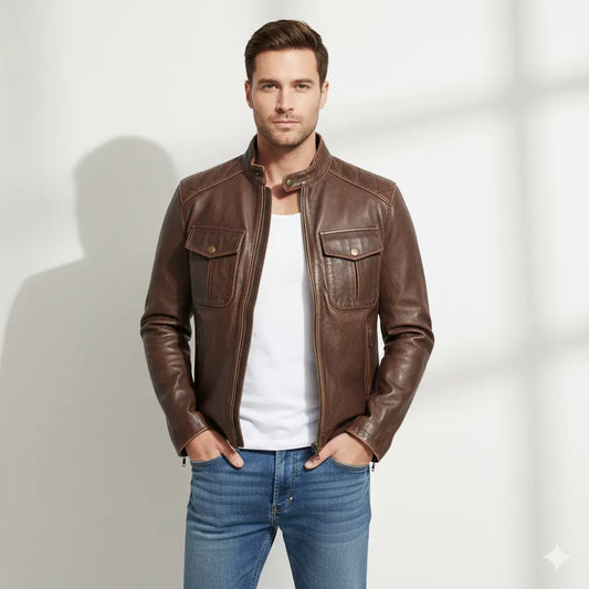 Mens Biker Cafe Racer Vintage Motorcycle Distressed Brown Cowhide Leather Jacket
