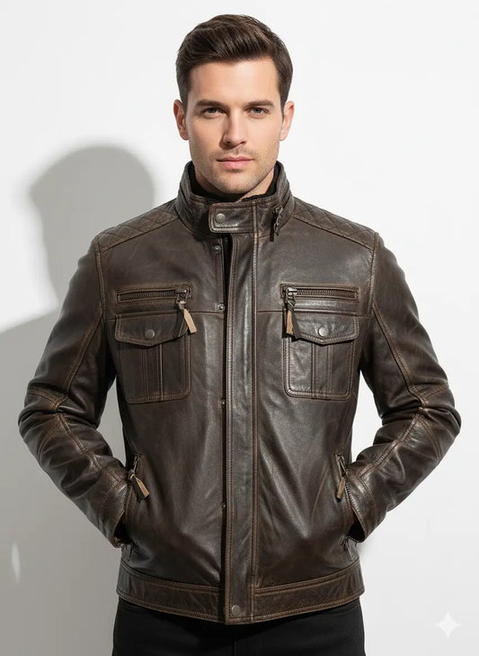 Men’s Motorcycle Biker Vintage Distressed Brown Cafe Racer Real Leather Jacket